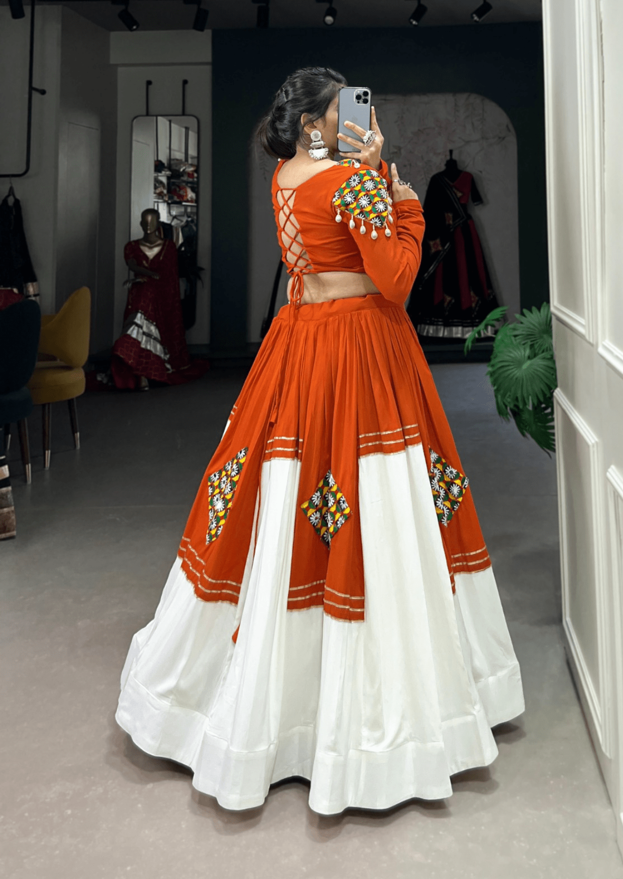 Rust & Ivory Mirror Work Lehenga Set - Yooneck