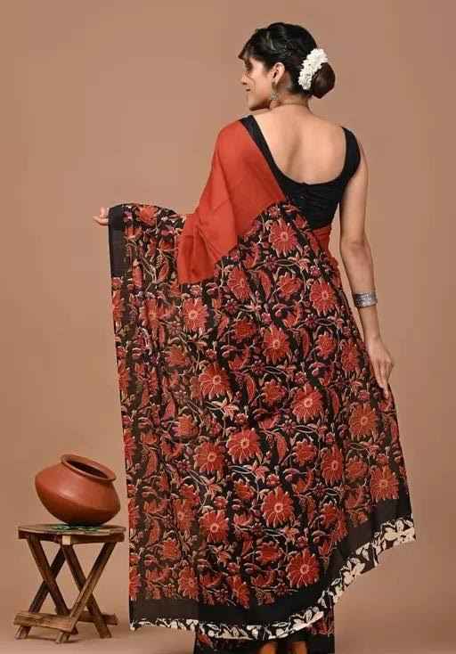 rust noir mulmul cotton saree with floral elegance - yooneck