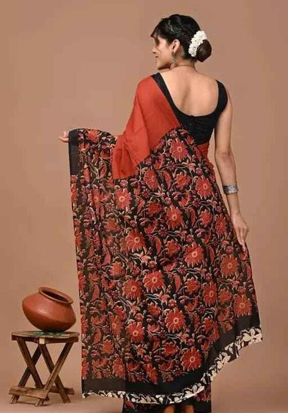 Rust Noir Mulmul Cotton Saree with Floral Elegance - Yooneck