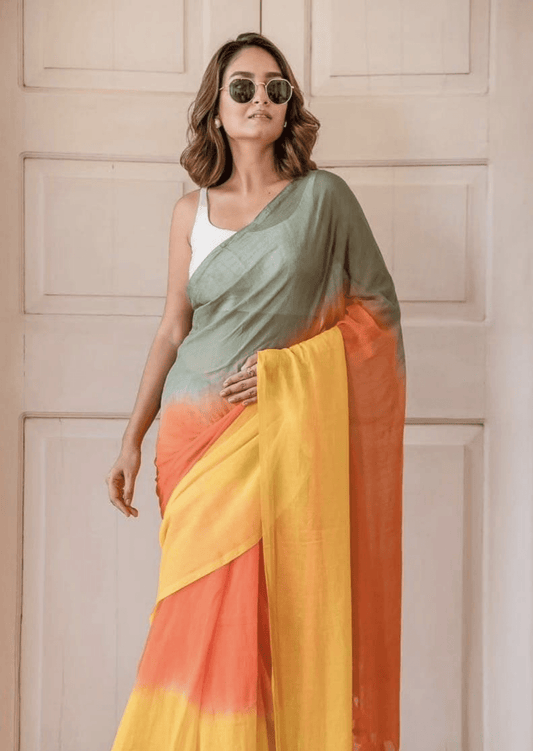 Saanvi Meadow Glow Linen Saree - Yooneck