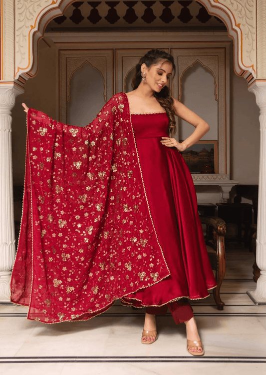 Scarlet Elegance Red Embroidered Anarkali Set - Yooneck