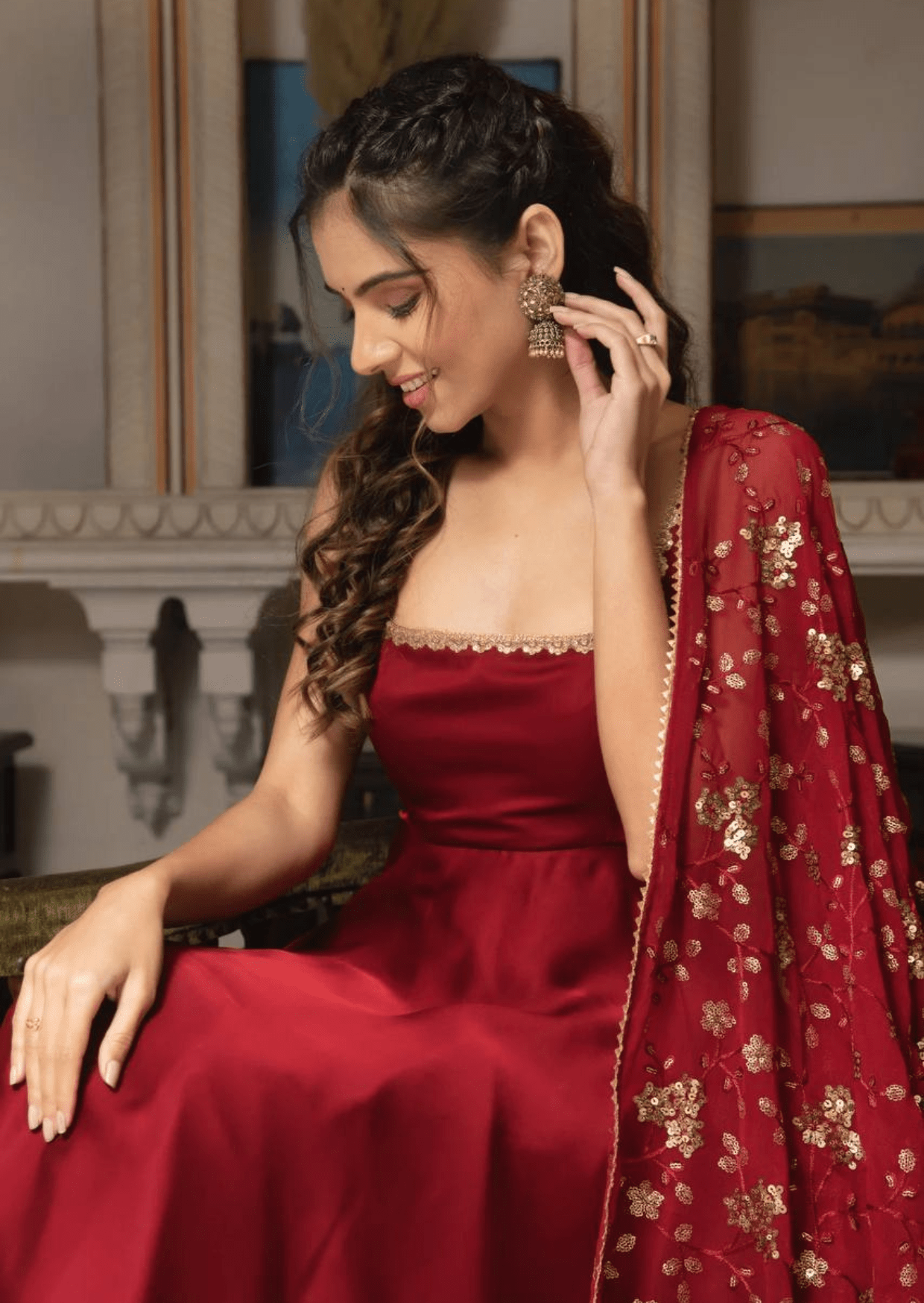 Scarlet Elegance Red Embroidered Anarkali Set - Yooneck