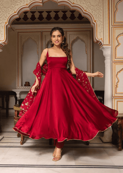 Scarlet Elegance Red Embroidered Anarkali Set - Yooneck