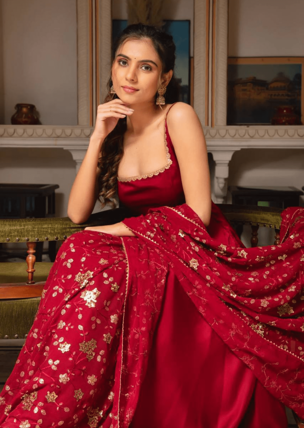 Scarlet Elegance Red Embroidered Anarkali Set - Yooneck