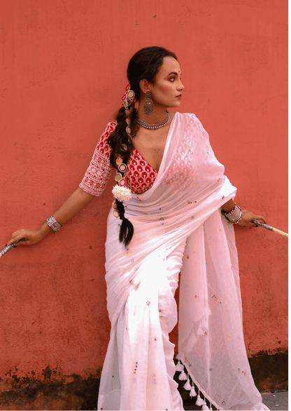 Shvetika Pure Mul Cotton Hand Mirrorwork Saree - Yooneck