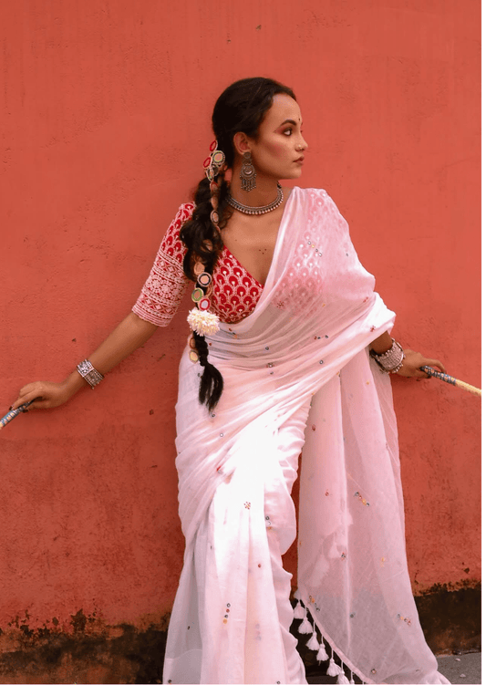 Shvetika Pure Mul Cotton Hand Mirrorwork Saree - Yooneck