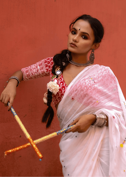Shvetika Pure Mul Cotton Hand Mirrorwork Saree - Yooneck
