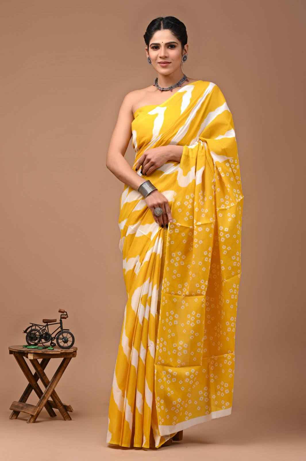 sunflare yellow mulmul cotton saree - yooneck