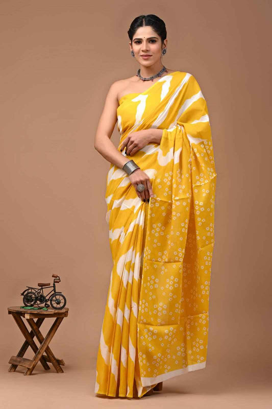 Sunflare Yellow Mulmul Cotton Saree - Yooneck