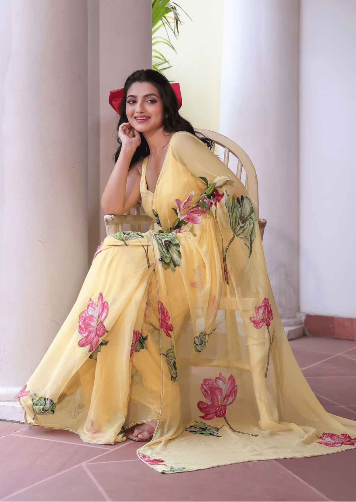 Sunlit Bloom Yellow Floral Chiffon Saree - Yooneck