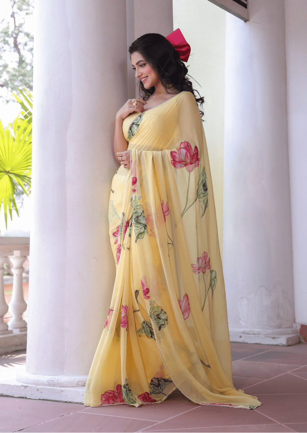 Sunlit Bloom Yellow Floral Chiffon Saree - Yooneck