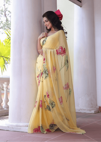 Sunlit Bloom Yellow Floral Chiffon Saree - Yooneck