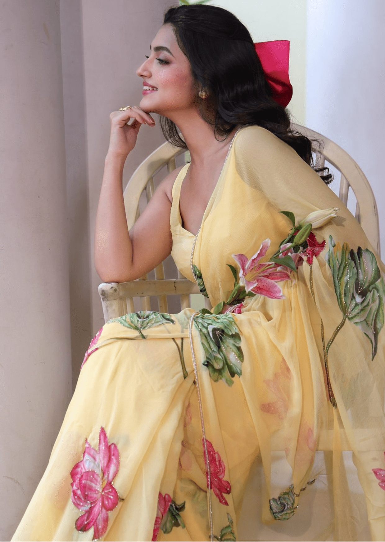 Sunlit Bloom Yellow Floral Chiffon Saree - Yooneck