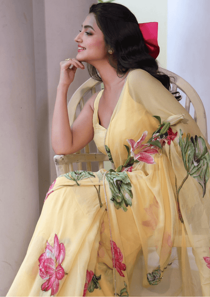Sunlit Bloom Yellow Floral Chiffon Saree - Yooneck