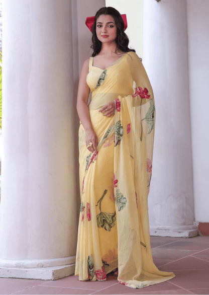 Sunlit Bloom Yellow Floral Chiffon Saree - Yooneck