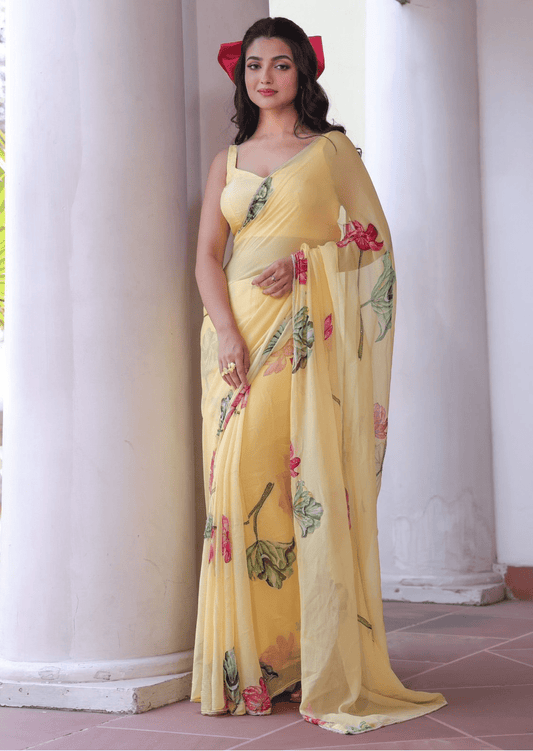 Sunlit Bloom Yellow Floral Chiffon Saree - Yooneck