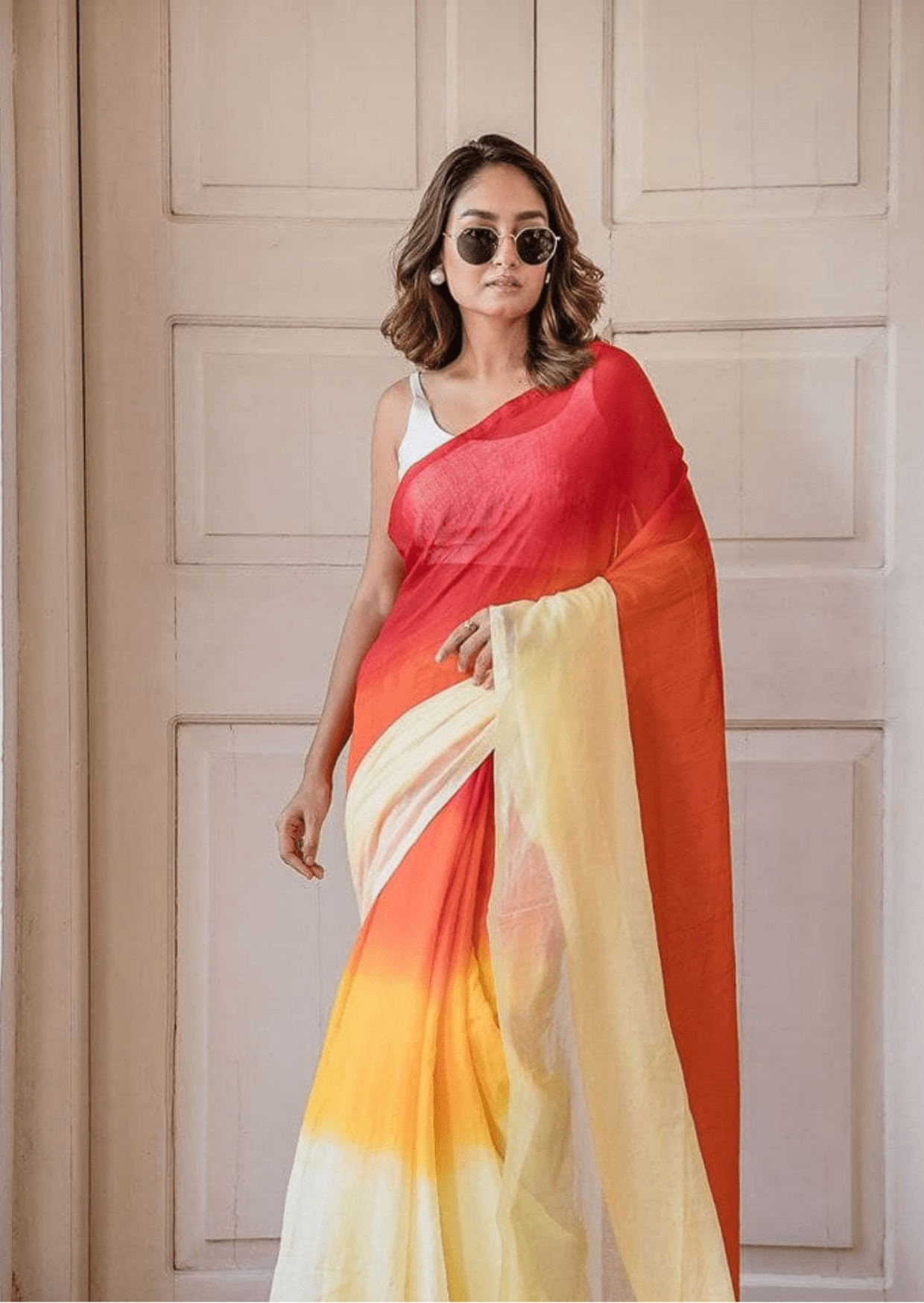 sunset radiance linen saree - yooneck