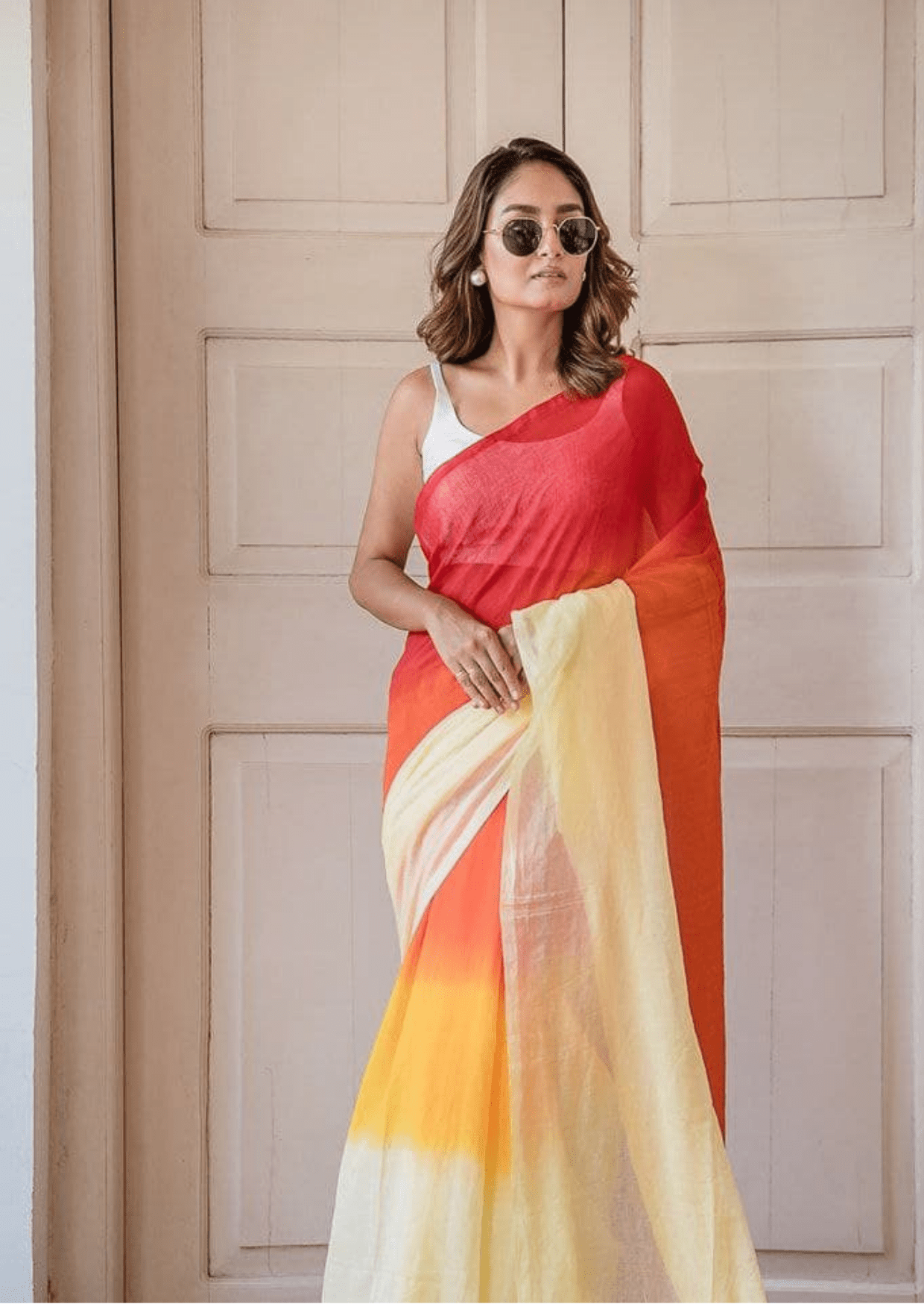 sunset radiance linen saree - yooneck