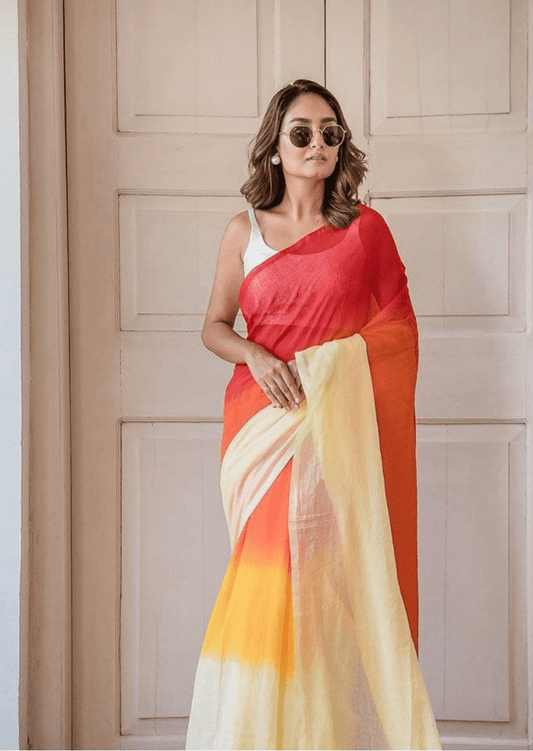 Sunset Radiance Linen Saree - Yooneck