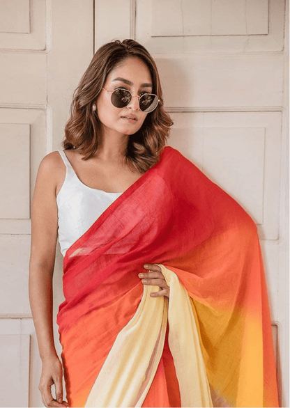 Sunset Radiance Linen Saree - Yooneck