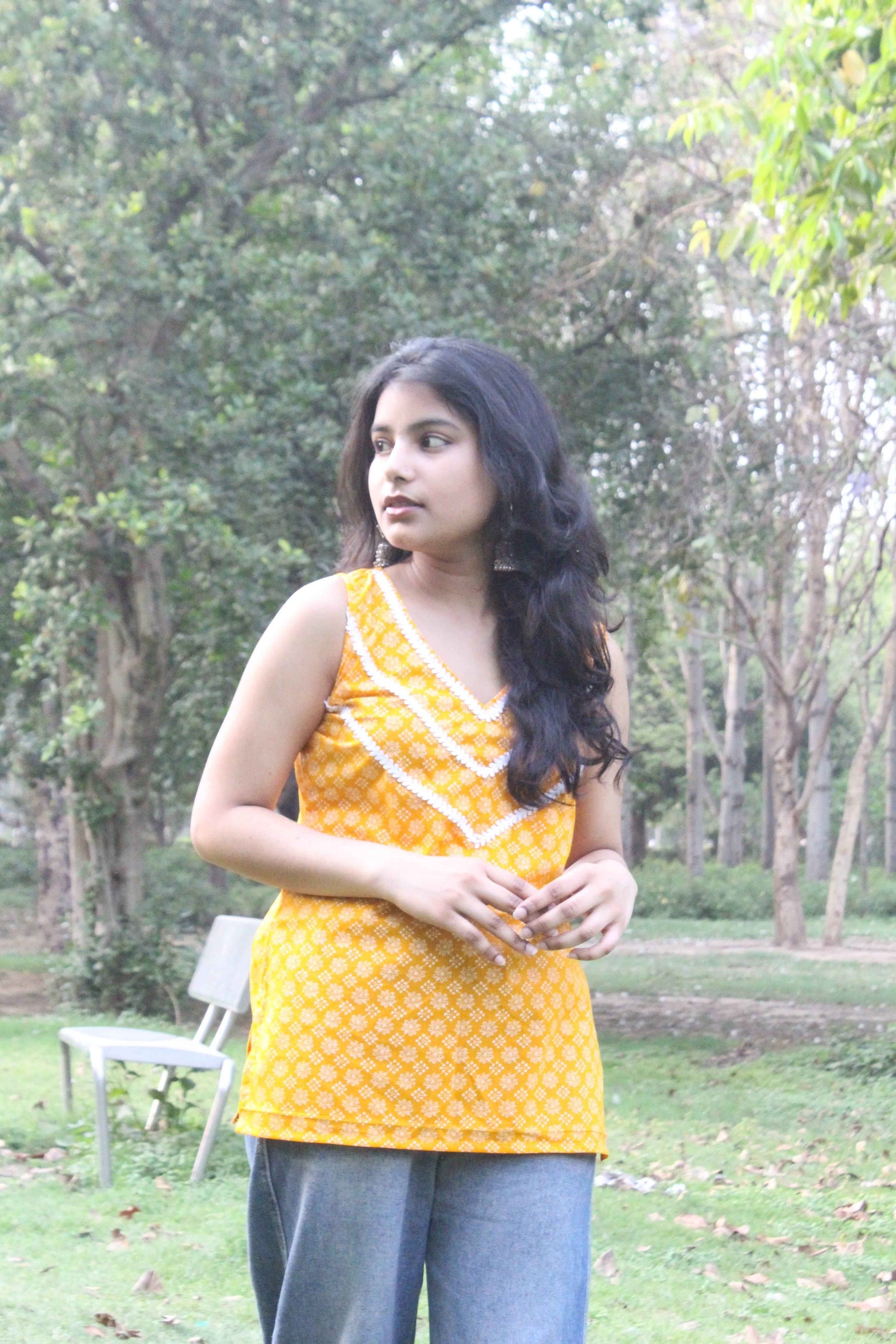 Sunshine Yellow Sleeveless Kurti - Yooneck