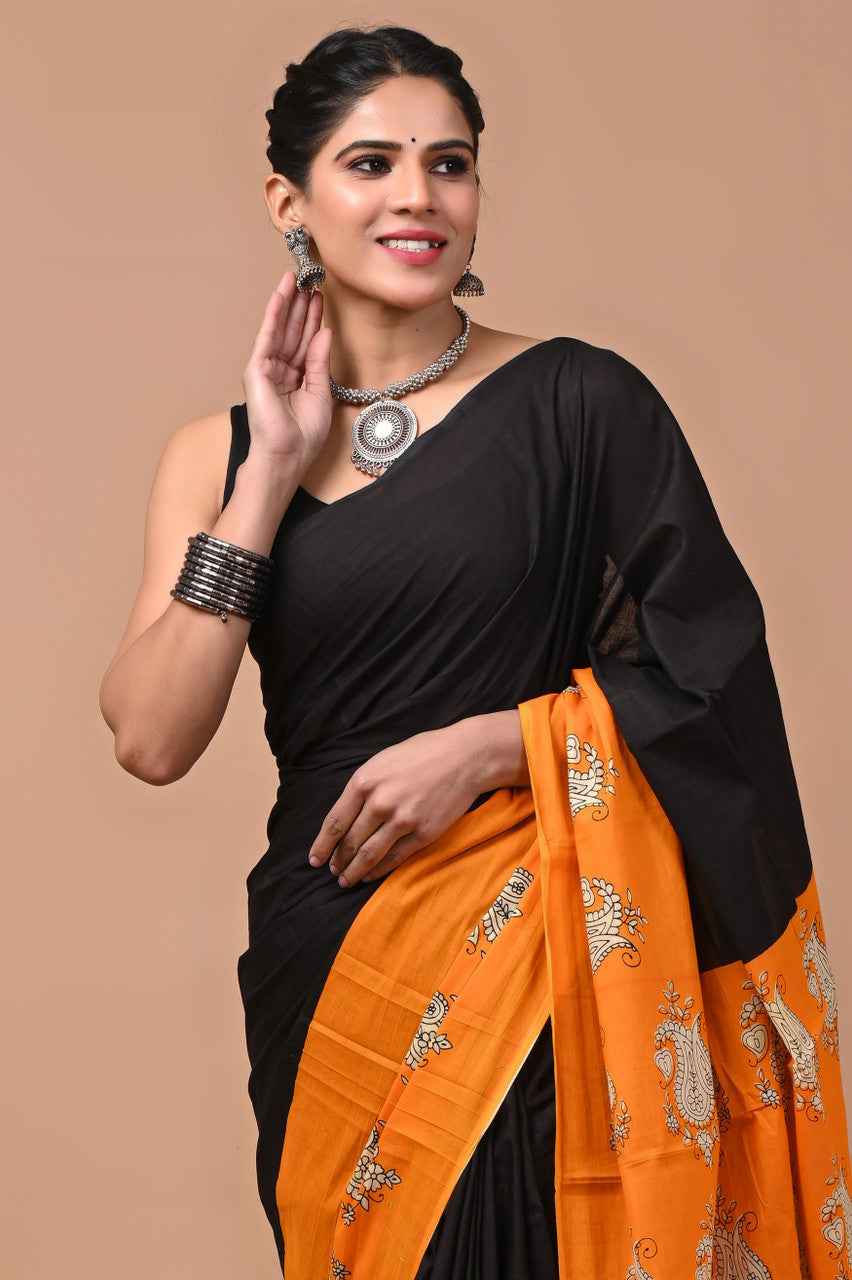 tangerine royal mulmul cotton saree with traditional paisley print - yooneck