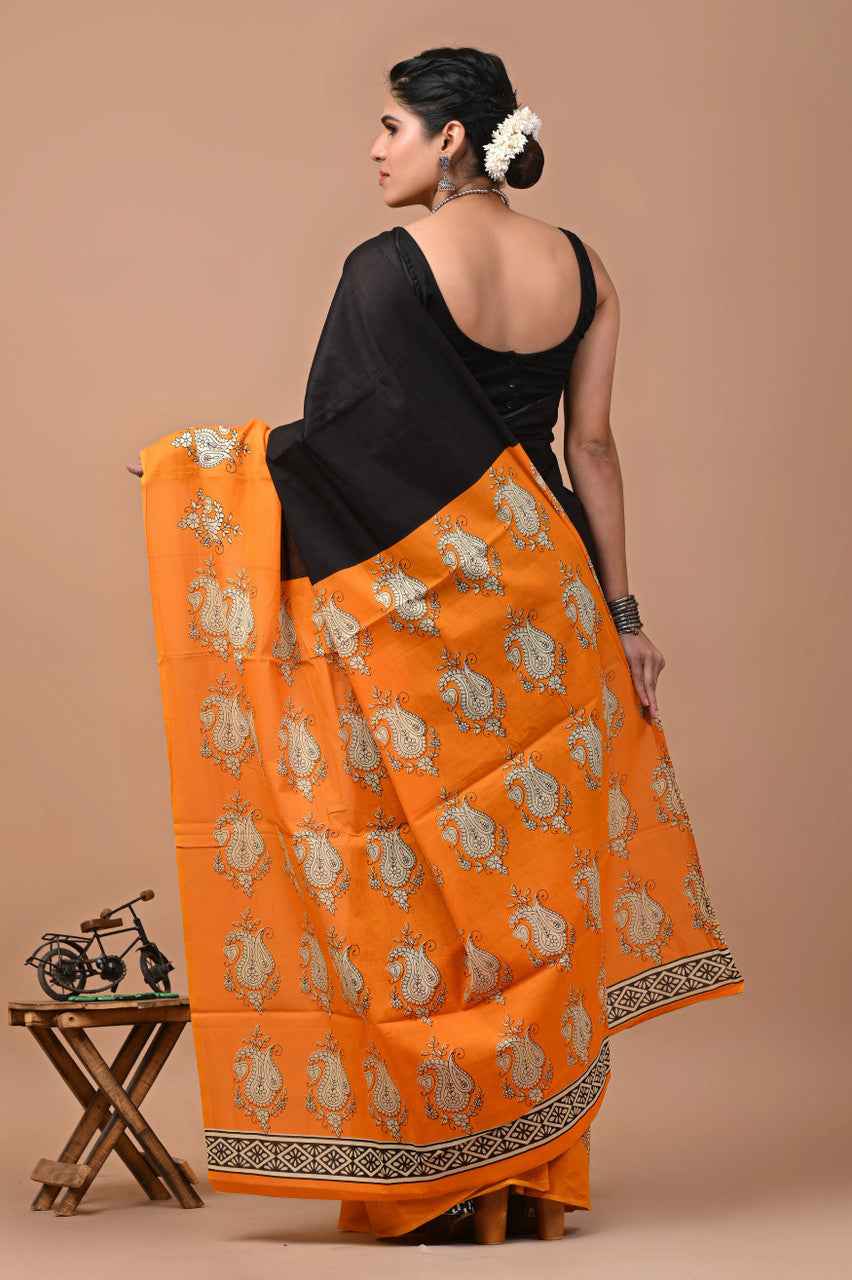 Tangerine Royal Mulmul Cotton Saree with Traditional Paisley Print - Yooneck