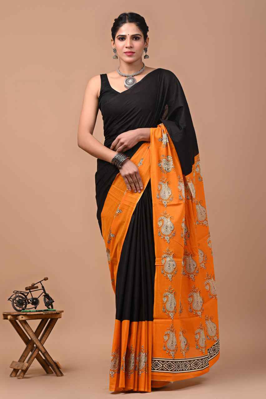 tangerine royal mulmul cotton saree with traditional paisley print - yooneck