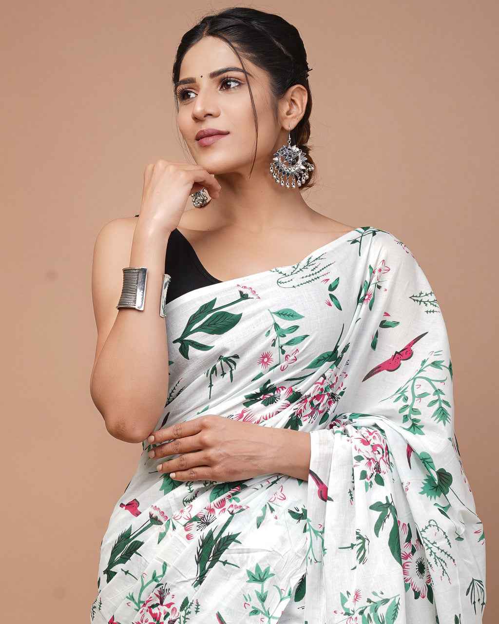whispering petals white bloom cotton saree - yooneck