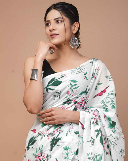 Whispering Petals White Bloom Cotton Saree - Yooneck