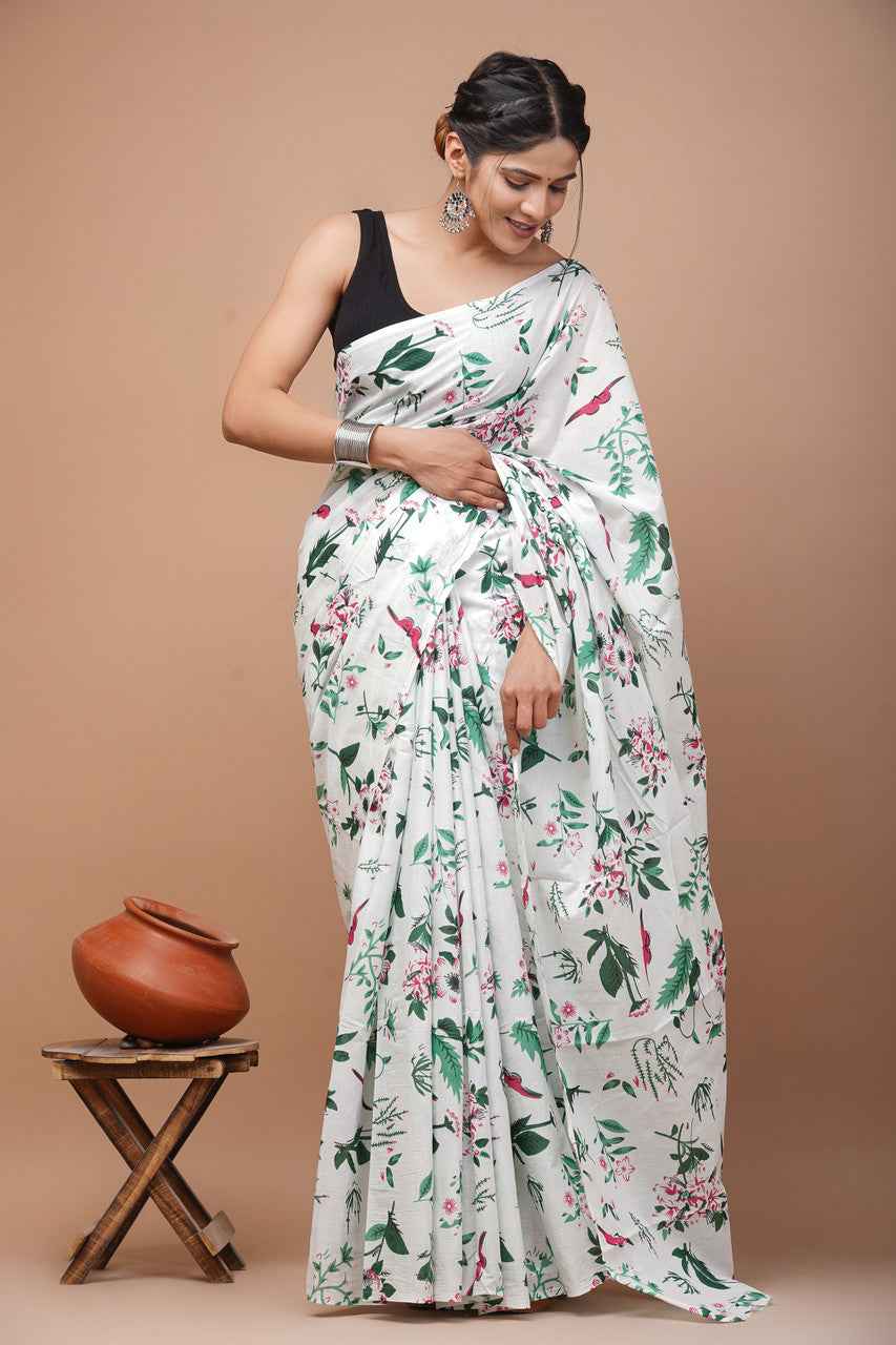 Whispering Petals White Bloom Cotton Saree - Yooneck