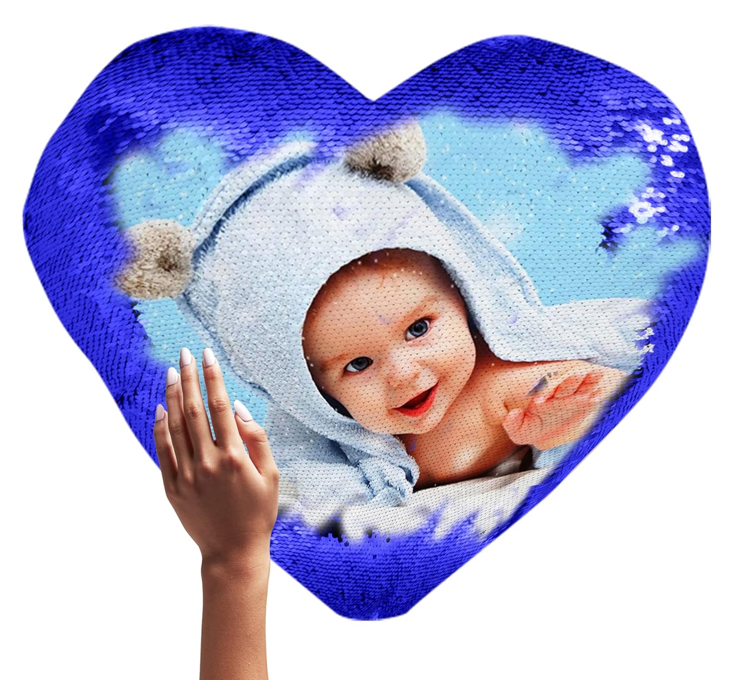 Yooneck Blue Heart Magic Sequin Photo Cushion - Yooneck