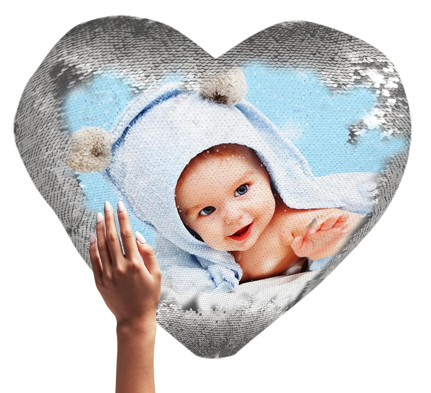 Yooneck Silver Heart Magic Sequin Photo Cushion - Yooneck
