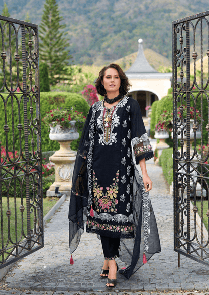 Zahra Noir Luxe Cotton Embroidered Suit Set - Yooneck