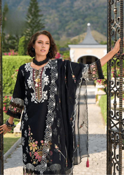 Zahra Noir Luxe Cotton Embroidered Suit Set - Yooneck