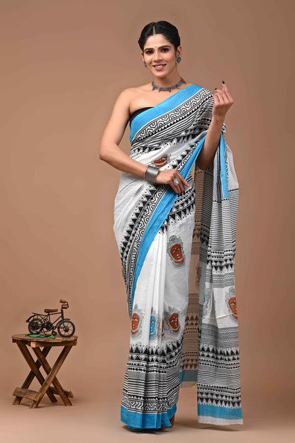 Zen Sutra Buddha Print Mulmul Cotton Saree - Yooneck