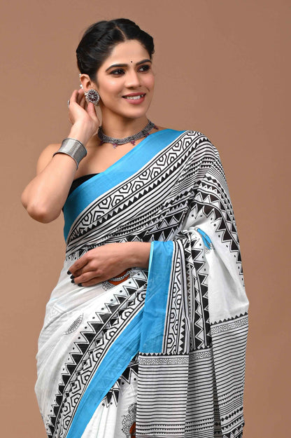 Zen Sutra Buddha Print Mulmul Cotton Saree - Yooneck